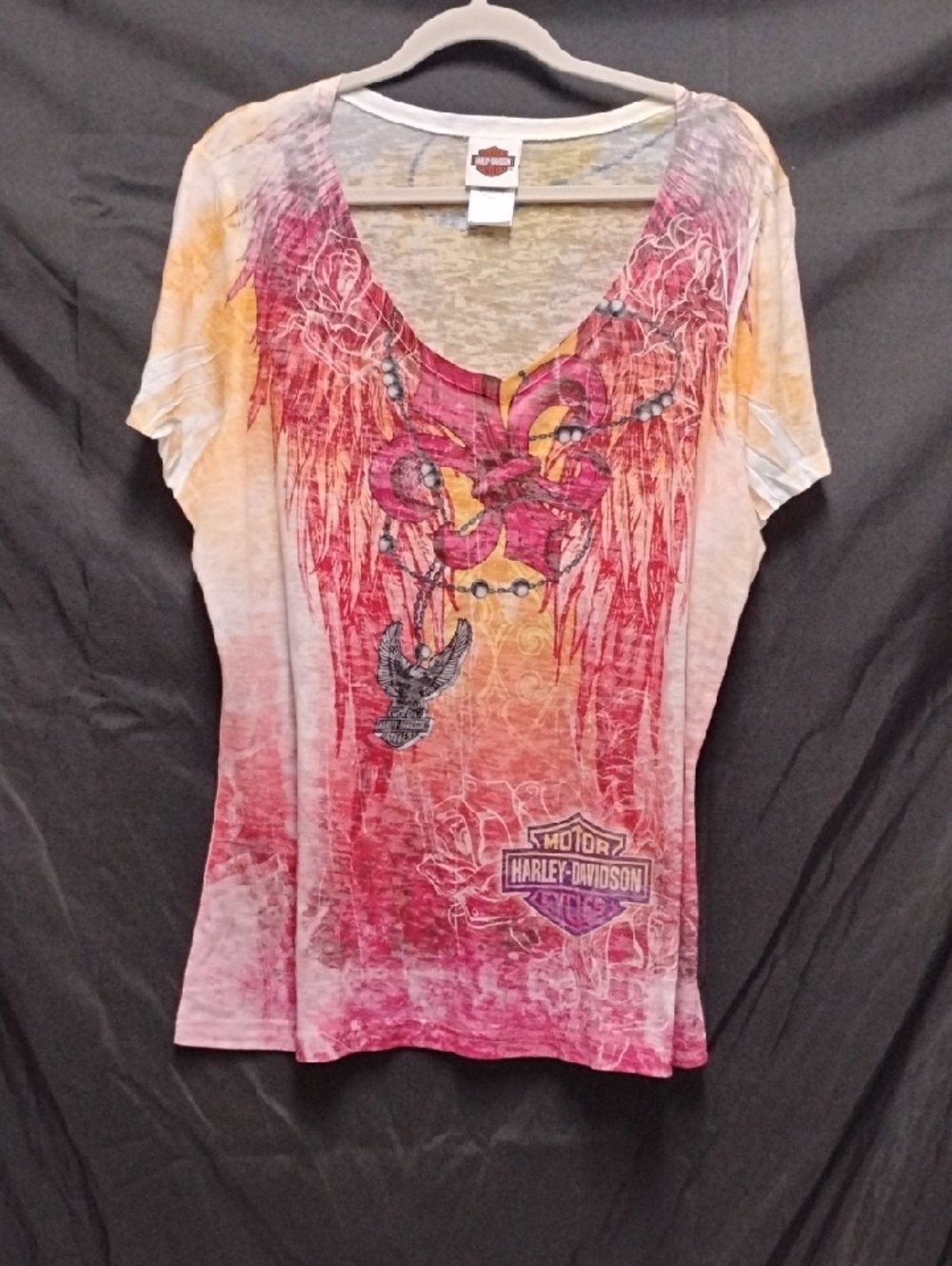 Harley-Davidson Pink and Yellow Ombre Scoop Neck Wing Graphic Tee